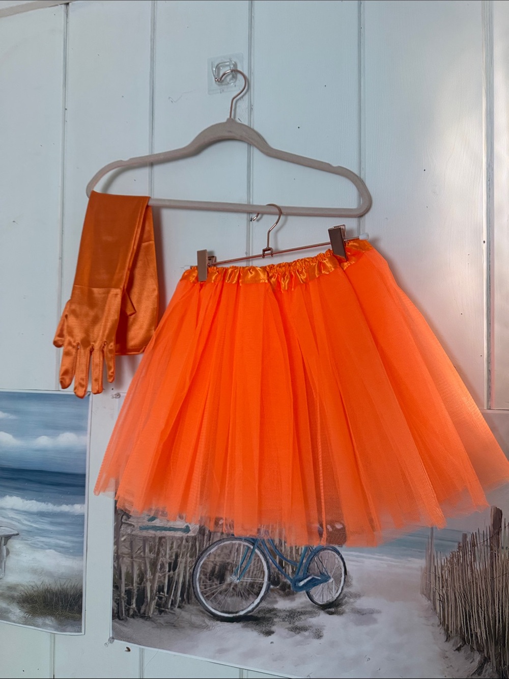 Bright Orange Tulle Mini Skirt with Satin Gloves